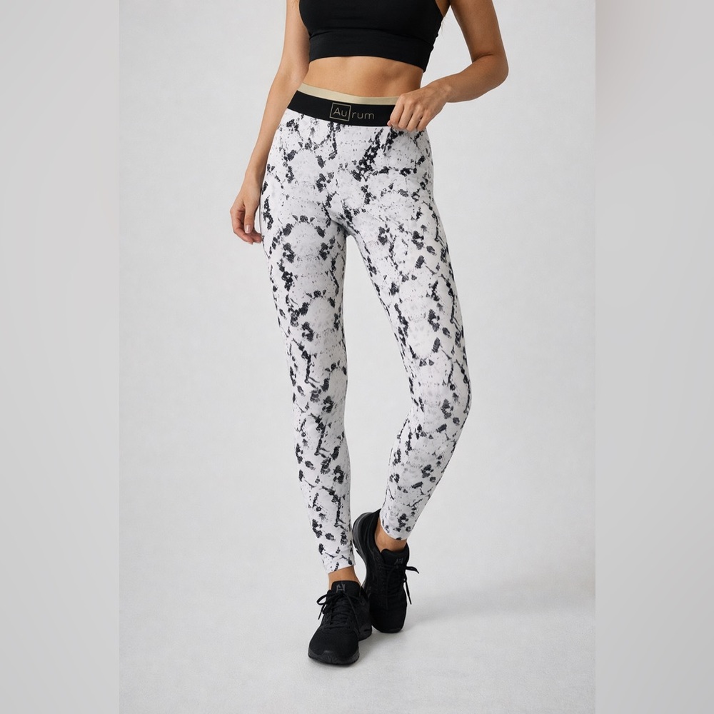Aurum Snake Print High Waist Leggings XS Black White Gold Athleisure